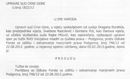 Upravni sud poništio Odluku o raspodjeli sredstava Fonda za manjine za 2012. Upravni sud poništio Odluku o raspodjeli sredstava Fonda za manjine za 2012.