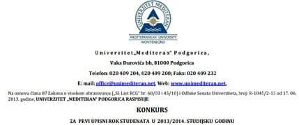 Univerzitet „Mediteran“ raspisao konkurs za prvi upisni rok Univerzitet „Mediteran“ raspisao konkurs za prvi upisni rok