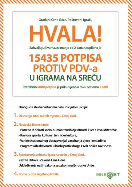 Montenegro Bet: Preko 15 hiljada potpisa protiv PDV-a za igre na sreću Montenegro Bet: Preko 15 hiljada potpisa protiv PDV-a za igre na sreću