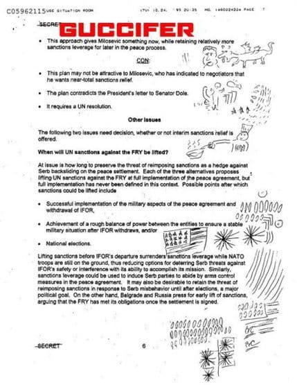 Đavo savjetuje Slobodana Miloševića: Klintonovi crteži tokom diskusije o sankcijama SR Jugoslaviji Đavo savjetuje Slobodana Miloševića: Klintonovi crteži tokom diskusije o sankcijama SR Jugoslaviji