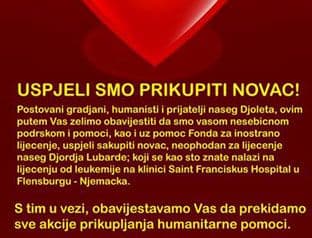 Prikupljen novac za operaciju Đorđa Lubarde Prikupljen novac za operaciju Đorđa Lubarde