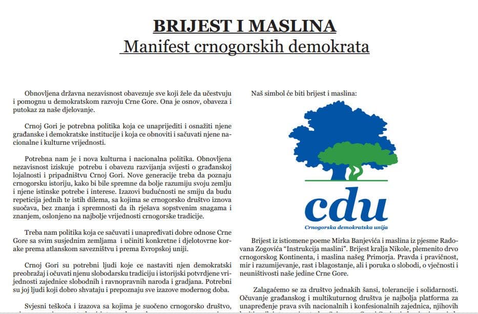Manifest crnogorskih demokrata: Potrebna nova kulturna i nacionalna politika Manifest crnogorskih demokrata: Potrebna nova kulturna i nacionalna politika