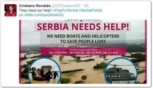 Kristijano Ronaldo uputio poziv za pomoć Srbiji Kristijano Ronaldo uputio poziv za pomoć Srbiji