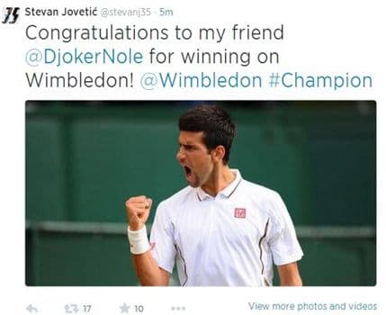 Jovetić čestitao Đokoviću osvajanje Vimbldona Jovetić čestitao Đokoviću osvajanje Vimbldona