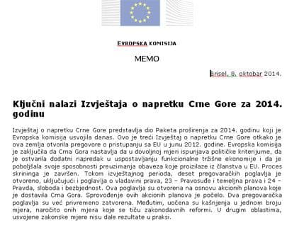 Ključni nalazi Izvještaja o napretku Crne Gore za 2014. godinu Ključni nalazi Izvještaja o napretku Crne Gore za 2014. godinu