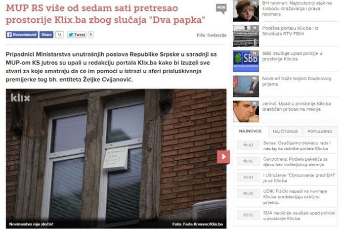 Policija sedam sati pretresala portal klix.ba Policija sedam sati pretresala portal klix.ba