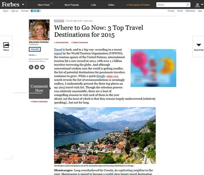 Forbs: CG u Top 3 destinacije za 2015. Forbs: CG u Top 3 destinacije za 2015.