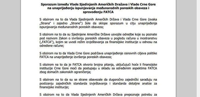FATCA sporazum: Šta je Crna Gora dužna da obavještava SAD? FATCA sporazum: Šta je Crna Gora dužna da obavještava SAD?