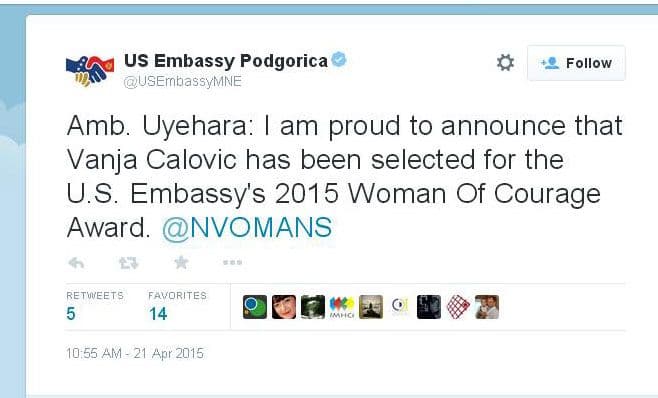 UEHARA: Ćalović najhrabrija žena 2015. UEHARA: Ćalović najhrabrija žena 2015.