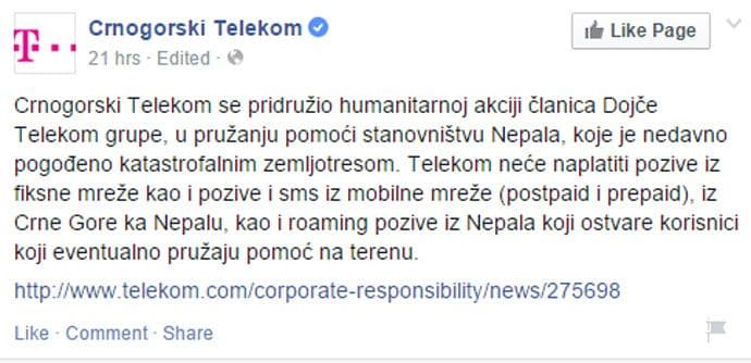 Crnogorski Telekom neće naplaćivati pozive i SMS ka Nepalu Crnogorski Telekom neće naplaćivati pozive i SMS ka Nepalu