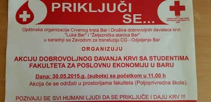 BAR: Akcija dobrovoljnog davanja krvi u subotu BAR: Akcija dobrovoljnog davanja krvi u subotu