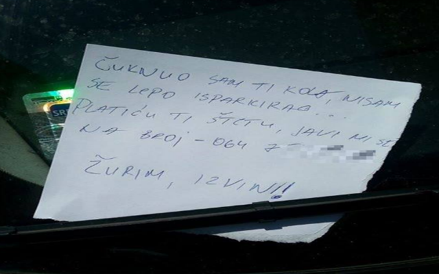 Poruka koju je jedan vozač ostavio drugom oduševila Balkan Poruka koju je jedan vozač ostavio drugom oduševila Balkan