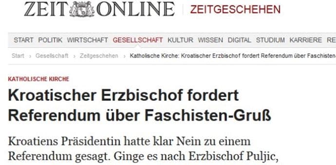 Njemački mediji: Katolička crkva u Hrvatskoj želi referendum za povratak fašističkog pozdrava Njemački mediji: Katolička crkva u Hrvatskoj želi referendum za povratak fašističkog pozdrava