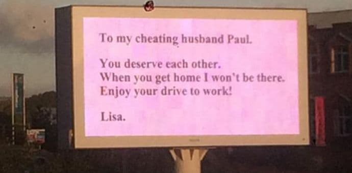 Saznala je da je suprug vara, a onda je iznajmila bilbord Saznala je da je suprug vara, a onda je iznajmila bilbord