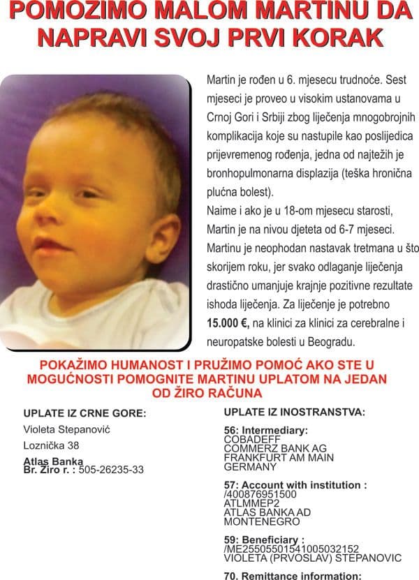 Pomognimo jednoipogodišnjem Martinu Stepanoviću iz Zelenike Pomognimo jednoipogodišnjem Martinu Stepanoviću iz Zelenike