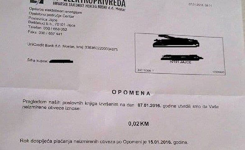BiH: Opomena zbog duga od 1 centa BiH: Opomena zbog duga od 1 centa