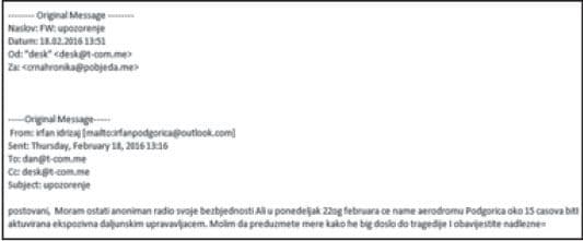 Policija istražuje ko stoji iza informacije o eksplozivnoj napravi na Aerodromu Podgorica Policija istražuje ko stoji iza informacije o eksplozivnoj napravi na Aerodromu Podgorica