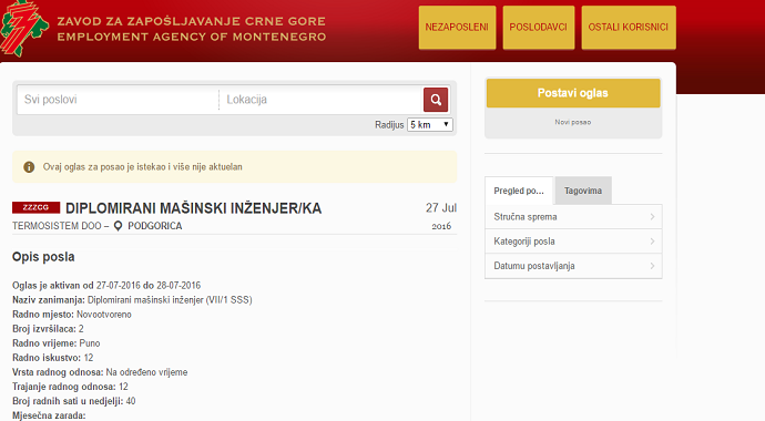 Tražite posao u Crnoj Gori? Budite spremni jer oglas traje samo jedan dan Tražite posao u Crnoj Gori? Budite spremni jer oglas traje samo jedan dan