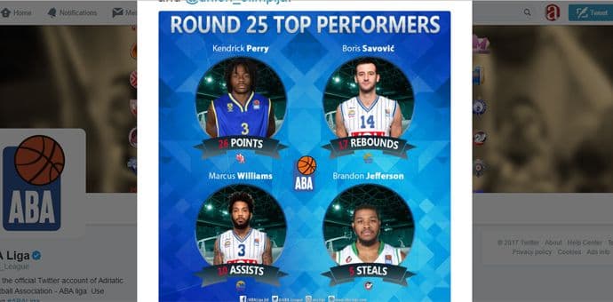 ABA: Vilijams najbolji asistent, a Savović skakač 25. kola! ABA: Vilijams najbolji asistent, a Savović skakač 25. kola!