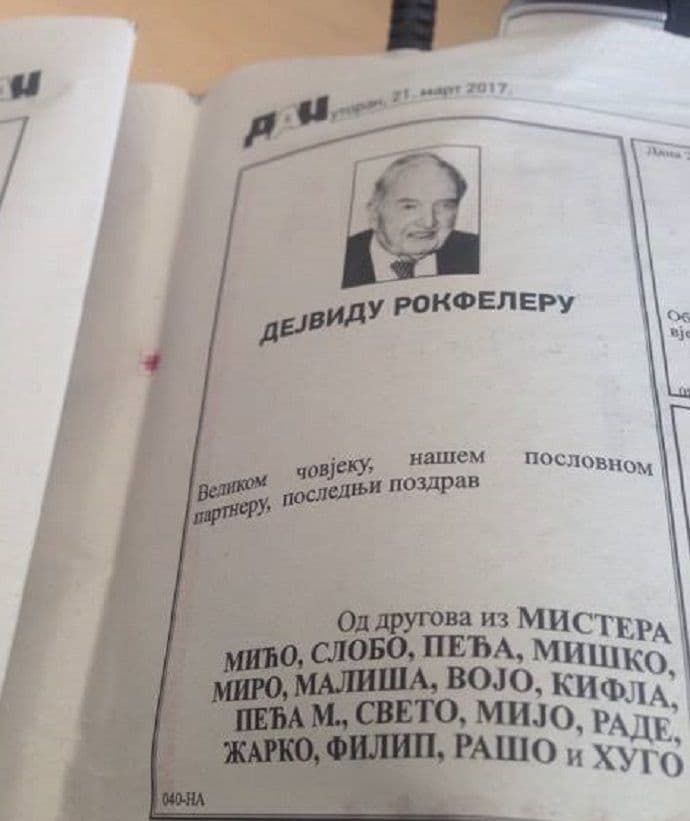 Crnogorske čitulje Rokfeleru: Bolji nisi moga bit' Crnogorske čitulje Rokfeleru: Bolji nisi moga bit'