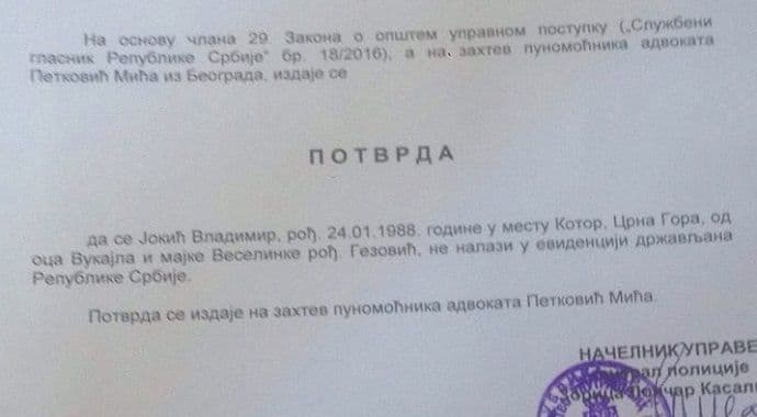 Jokić: Nisam državljanin Srbije, evo i potvrde Jokić: Nisam državljanin Srbije, evo i potvrde