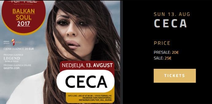 Ceca večeras na Top Hill-u, 20. avgusta Marija Šerifović Ceca večeras na Top Hill-u, 20. avgusta Marija Šerifović