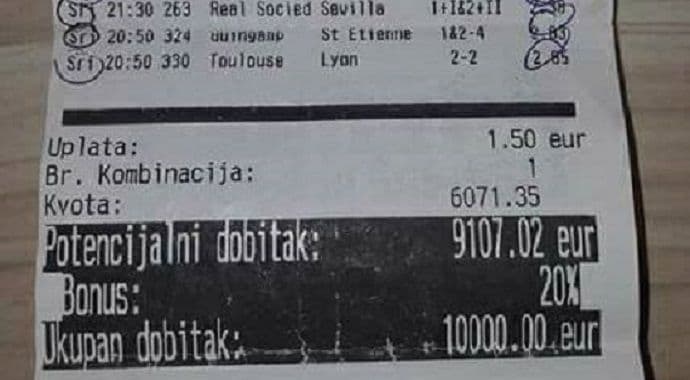 Majstorski tiket: Uplatio 1,5 a dobio 10.000 eura (Foto) Majstorski tiket: Uplatio 1,5 a dobio 10.000 eura (Foto)