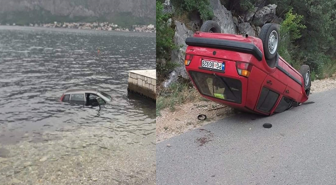 Jedan automobil završio u moru, drugi na krovu Jedan automobil završio u moru, drugi na krovu