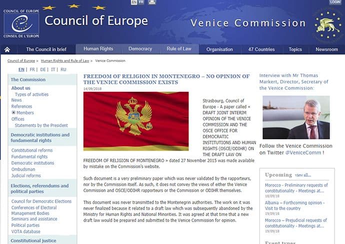 Vladi Crne Gore nikada nije dostavljeno mišljenje Venecijanske komisije Vladi Crne Gore nikada nije dostavljeno mišljenje Venecijanske komisije