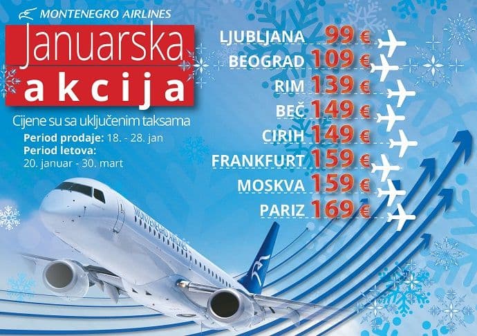 Januarska akcija u Montenegro Airlinesu, karte po povoljnim cijenama Januarska akcija u Montenegro Airlinesu, karte po povoljnim cijenama