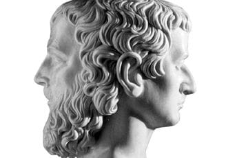 Mudra igra na turbulentoj sceni Janus, dvoglavi rimski bog, čuvar kuća i puteva, simbol dvoličnosi