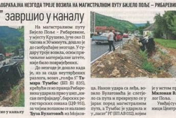 Sudar troje vozila na putu Bijelo Polje-Ribarevine: Nisan završio u kanalu Sudar troje vozila na putu Bijelo Polje-Ribarevine: Nisan završio u kanalu