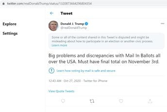 Trampov tvit o glasanju označen kao potencijalno obmanjujući Trampov tvit o glasanju označen kao potencijalno obmanjujući