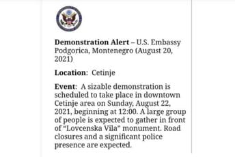 Upozorenje Ambasade SAD na velike demonstracije 22. avgusta Upozorenje Ambasade SAD na velike demonstracije 22. avgusta