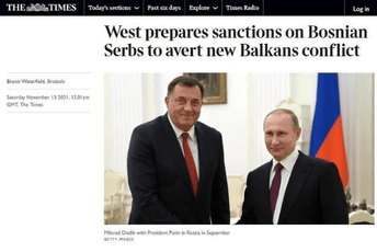 The Times: Zapad priprema sankcije za lidere bosanskih Srba kako bi se izbjegao novi rat The Times: Zapad priprema sankcije za lidere bosanskih Srba kako bi se izbjegao novi rat