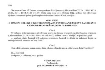 Odluka o izmjeni kriterijuma za sticanje državljanstva objavljena u Službenom listu Odluka o izmjeni kriterijuma za sticanje državljanstva objavljena u Službenom listu