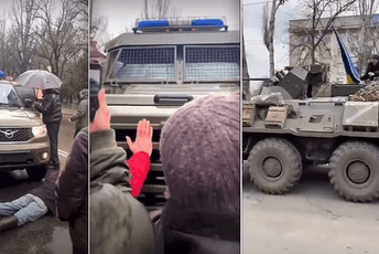 Zaustavljaju ih tijelima: Ukrajinac se popeo na ruski transporter i mahao zastavom