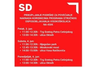 SD: Sjutra u Podgorici počinje prikupljanje potpisa za povećanje naknade za stručno osposobljavanje na 450 eura