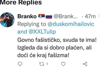 Novinaru Pobjede na Tviteru prijećeno: "G**** fašističko, doći će kraj fašizmu" Novinaru Pobjede na Tviteru prijećeno: "G**** fašističko, doći će kraj fašizmu"