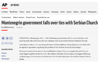 Asošiejted pres: Vlada Crne Gore pala zbog veza sa Srpskom crkvom