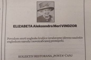 Restoran iz Čanja čituljom se oprostio od kraljice Elizabete II Restoran iz Čanja čituljom se oprostio od kraljice Elizabete II