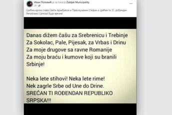 "Dižem čašu za Srebrenicu": I predsjednik SO Žabljak čestitao neustavni Dan entiteta RS "Dižem čašu za Srebrenicu": I predsjednik SO Žabljak čestitao neustavni Dan entiteta RS