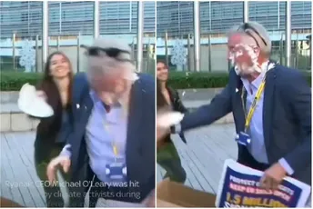 Klimatski aktivisti gađali šefa Rajanera pitama u Briselu (VIDEO) Klimatski aktivisti gađali šefa Rajanera pitama u Briselu (VIDEO)