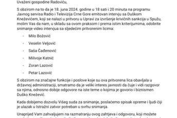 Selektivnost u postupanju Višeg suda u Podgorici: Radović odbio zahtjev M portala za intervjue sa pritvorenicima Selektivnost u postupanju Višeg suda u Podgorici: Radović odbio zahtjev M portala za intervjue sa pritvorenicima