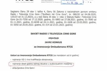 Vuković: Ombudsman RTCG izabran suprotno uslovima navedenim u konkursu Vuković: Ombudsman RTCG izabran suprotno uslovima navedenim u konkursu