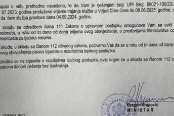 Objavljena odluka ministra Krapovića da generalu Lazareviću prestaje služba u VCG